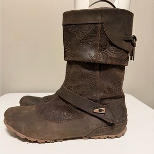 MERRELL Haven Pull Boots Tooled Brown Leather Riding Biker Mid Caf Women’s US 11